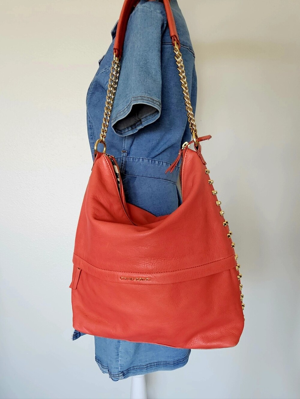 Cynthia Rowley Coral Red Leather Studded Shoulder Hobo Bag